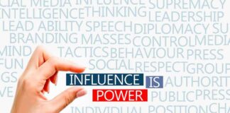 Hand holding block text influence is power