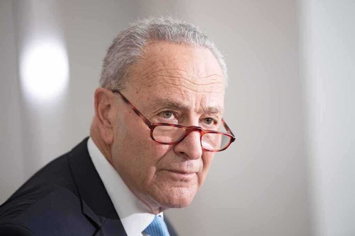 1990362614 featured image Chuck Schumer in profile with glasses sliding down nose.