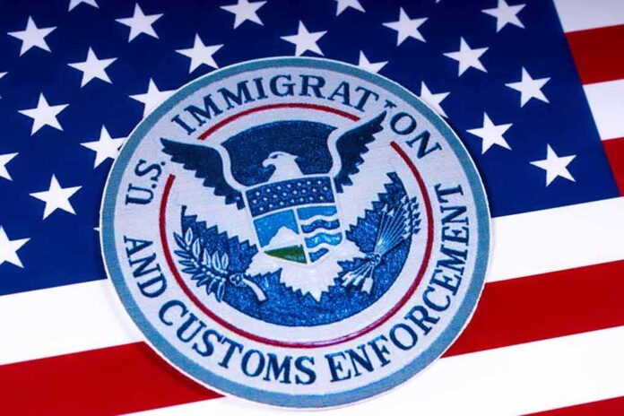 1055129168 featured image US Immigration and Customs Enforcement badge on flag