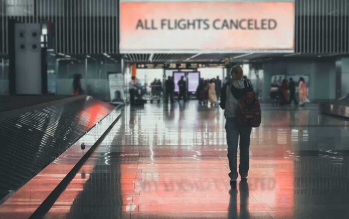 1721766169 featured image Airport sign: "All Flights Canceled", passengers walking.