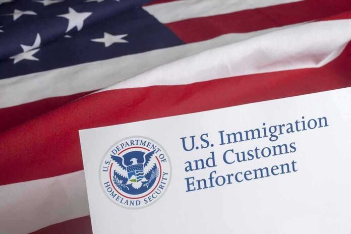 300476921 featured image US Immigration and Customs Enforcement emblem on flag