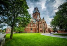 an image on the lawn of a main building at Harvard University