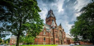 an image on the lawn of a main building at Harvard University