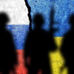 Silhouetted soldiers with Russian and Ukrainian flag backgrounds