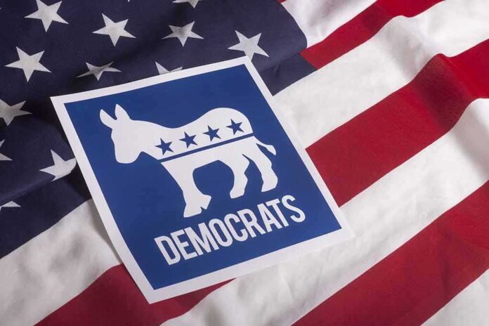 305852246 featured image Democratic Party symbol on American flag background