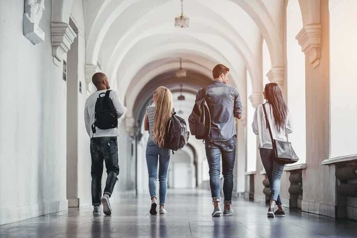 685407808 featured image Four students walking in a corridor together.