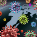 Overseas Outbreak Sparks U.S. Invasion Fears Colorful virus illustrations over a world map.
