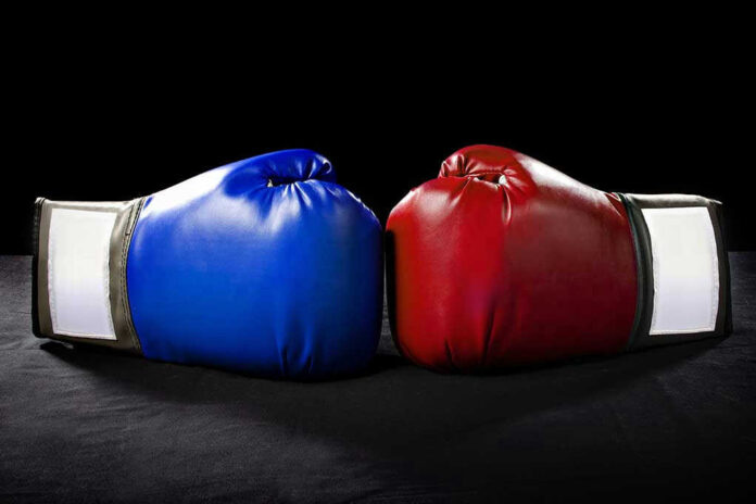 25841114 Blue and red boxing gloves facing each other.