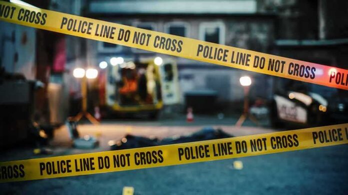 Police line marking a crime scene with emergency lights in the background