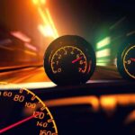 Close-up of a car dashboard with speedometer and tachometer illuminated at night