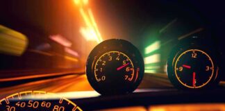 Close-up of a car dashboard with speedometer and tachometer illuminated at night