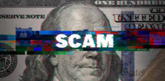 Scam text overlaid on distorted 100 dollar bill