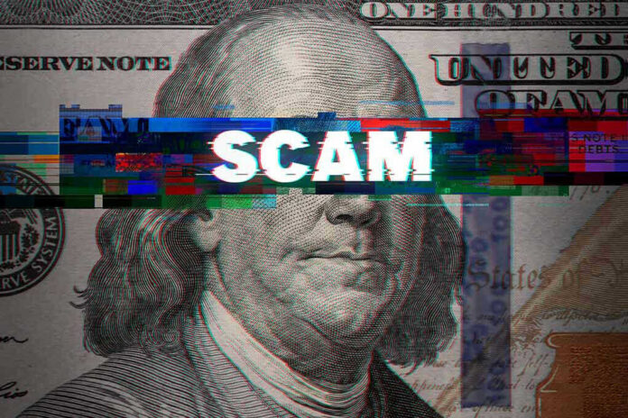 1919690516 Scam text overlaid on distorted 100 dollar bill
