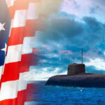MASSIVE Navy BLUNDER–Submarine Project in SHAMBLES American flag and submarine at sea under a cloudy sky.