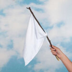 Hand holding white flag against a blue sky.