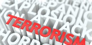The word 'TERRORISM' prominently displayed in red among other related terms