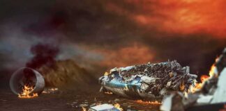 Burnt airplane wreckage in a fiery landscape