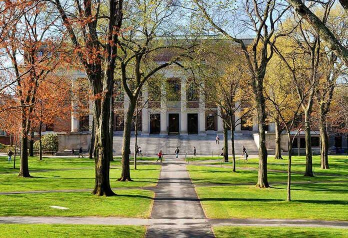 shutterstock_131270519.jpg Students walking on a university campus with autumn trees and a historic building in the background