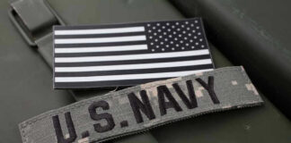 U.S. Navy patch with black-and-white American flag.
