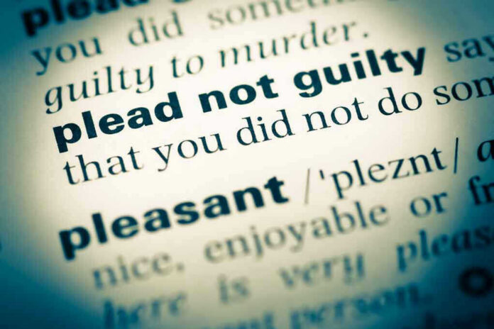 plead not guilty highlighted in a dictionary.