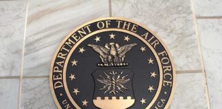 Bronze seal of the Department of the Air Force on a tiled surface