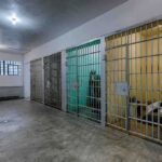 Interior view of a prison cell block with metal bars and concrete flooring