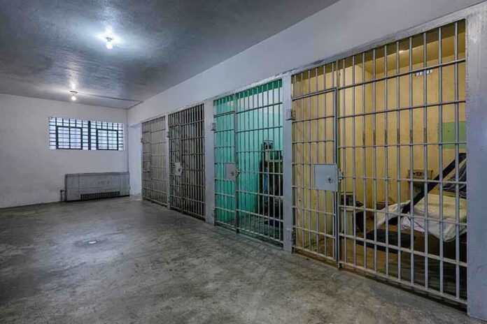 Interior view of a prison cell block with metal bars and concrete flooring
