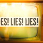 A vintage television displaying the repeated phrase 'LIES LIES LIES'