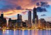 Chicago skyline at sunset with colorful clouds
