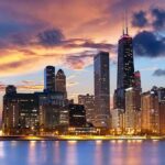 Chicago skyline at sunset with colorful clouds
