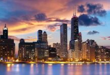 Chicago skyline at sunset with colorful clouds