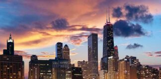 Chicago skyline at sunset with colorful clouds