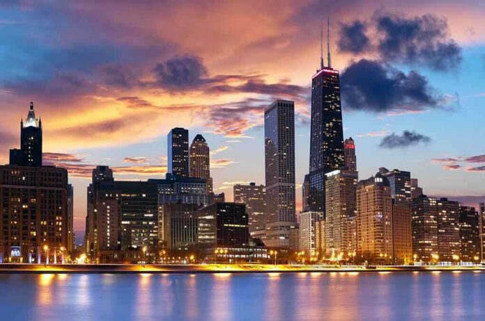 Chicago skyline at sunset with colorful clouds