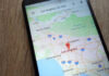 Smartphone displaying map of Los Angeles, California.