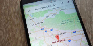 Smartphone displaying map of Los Angeles, California.