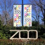 Zoo entrance sign with banners among trees and shrubs