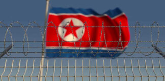 Barbed wire fence with North Korean flag behind.