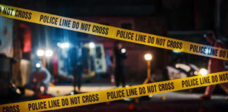 Yellow police tape in front of crime scene.