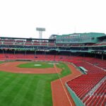 View of an empty Fenway Park baseball stadium with green grass and red seats