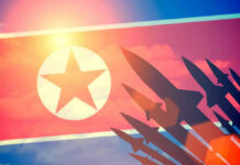 North Korean flag with missile silhouettes.