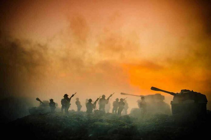 686756764 Soldiers and tanks in the foggy battlefield.