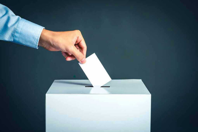 Hand placing ballot into voting box.