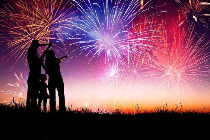 shutterstock_141669865 Silhouetted figures watching a colorful fireworks display against a twilight sky