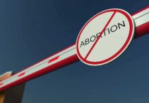 Abortion Strategy Reaches State AGs Barrier arm with no abortion sign against blue sky