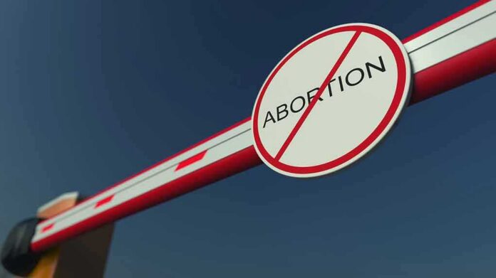 Barrier arm with no abortion sign against blue sky