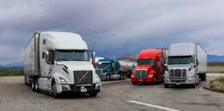 Semi trucks parked at a rest area under cloudy sky