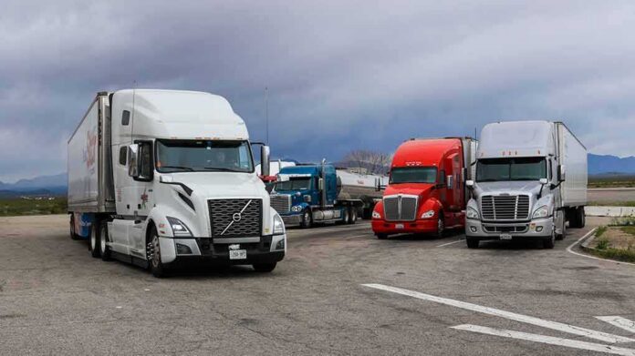 Semi trucks parked at a rest area under cloudy sky