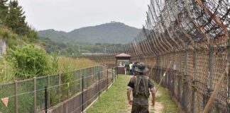 Soldier walking along a fenced border path