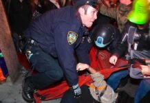 Police officer restraining a protester on the ground during a crowd encounter