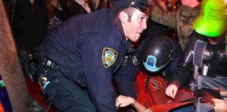 Police officer restraining a protester on the ground during a crowd encounter